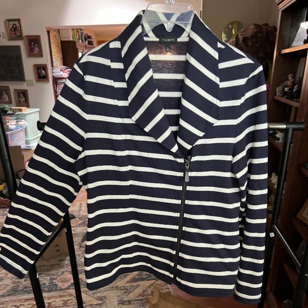 Navy striped jacket with side zipper.